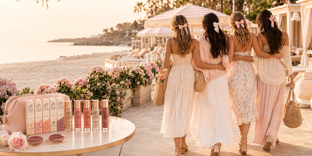 Friends walking together in soft dresses